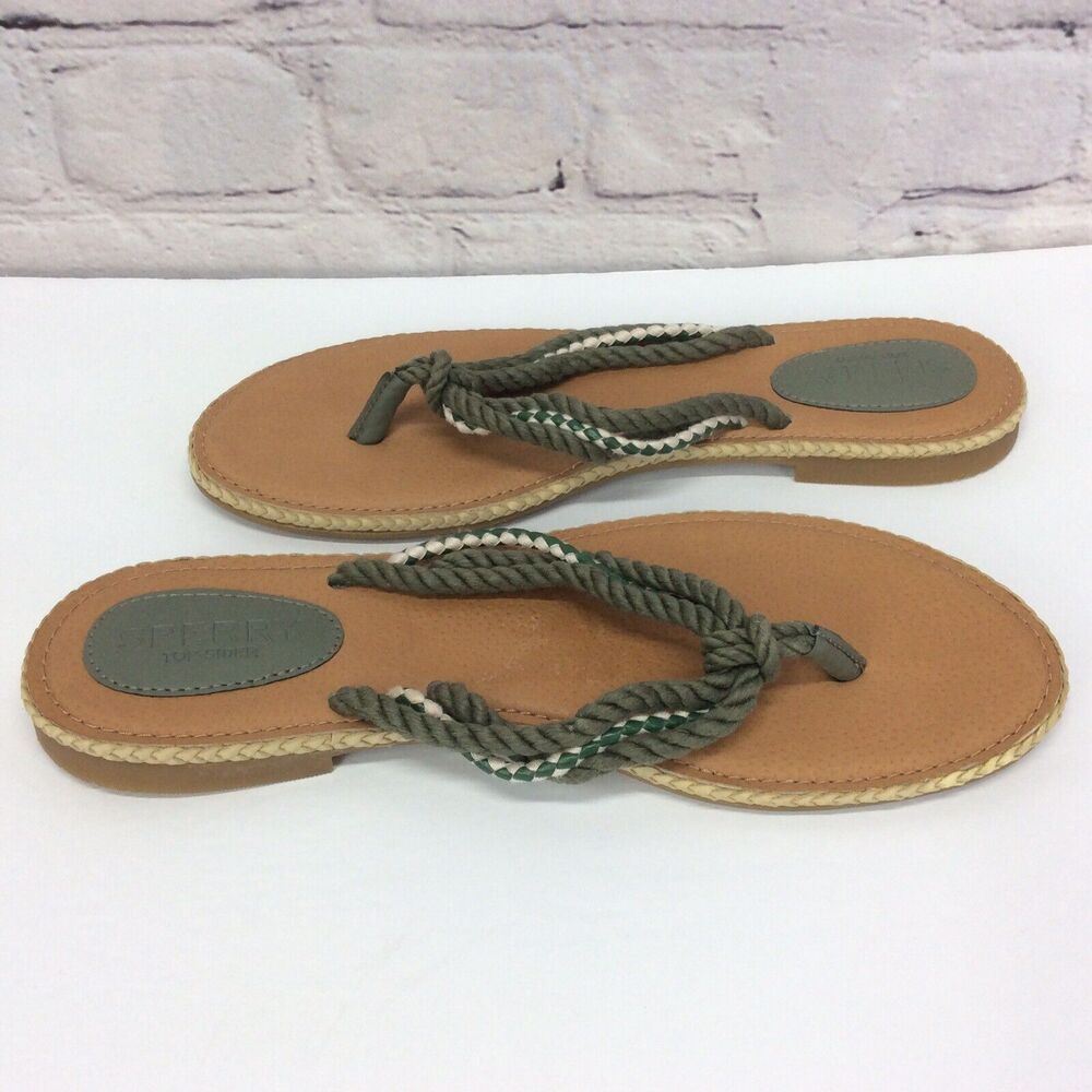 Sperry Top Sider Thong Sandals Women's Size 6 Green/Cream Nautical Braided Strap - Picture 2 of 8